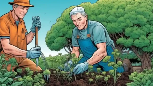 Un jardinero que tiende a una próspera planta con hongos micorricenicos creciendo exuberantemente.