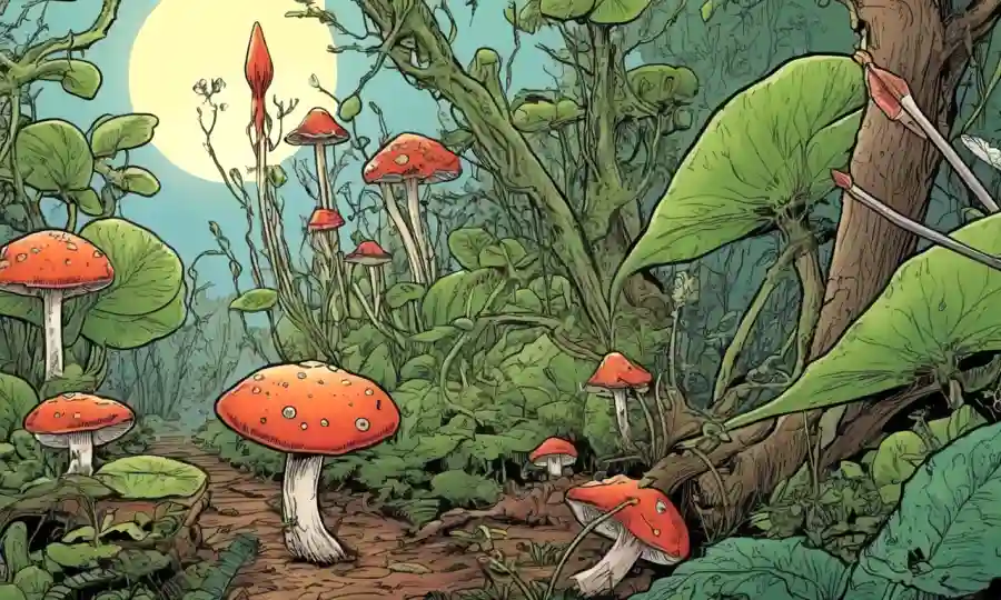 Una ilustración que muestra relación simbiótica entre plantas y hongos con flechas que representan la conexión.