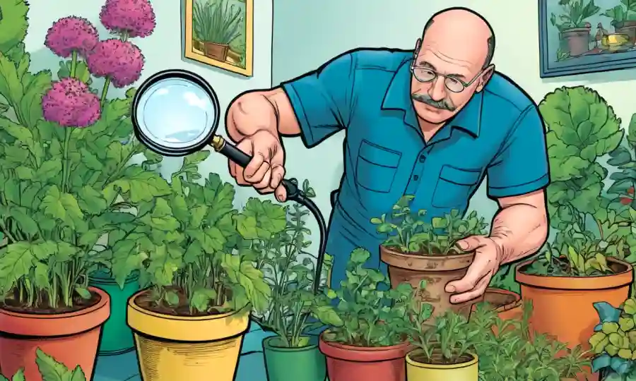 Un jardinero inspeccionando una olla que contiene varias plantas microrizadas con una lupa.