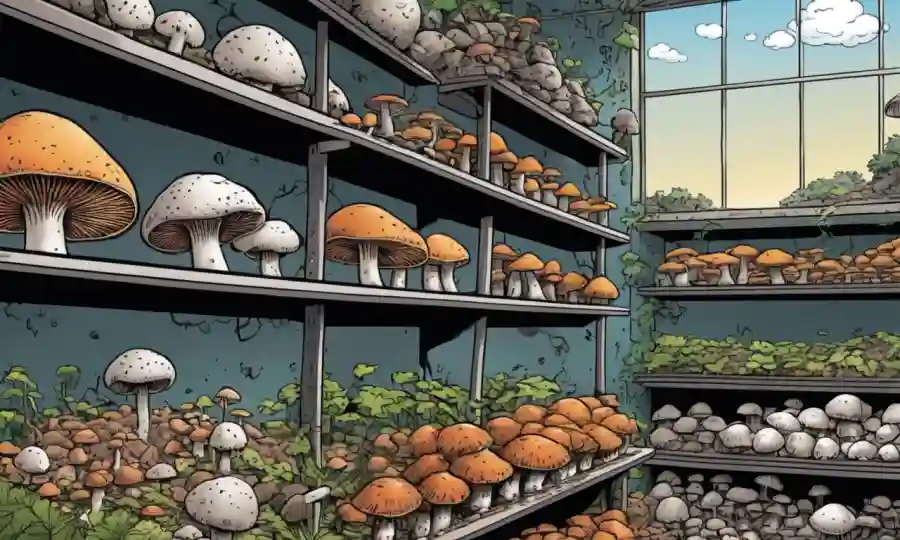 Estantes llenos de suministros de cultivo de hongos, con hongos creciendo en el fondo.