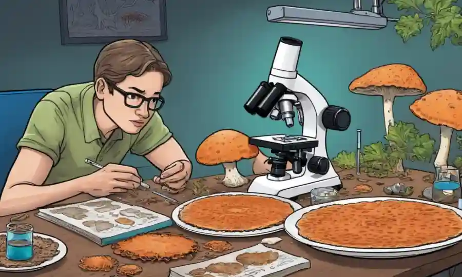 Placas de cultivo de hongos en una mesa con microscopio de observación de personas.