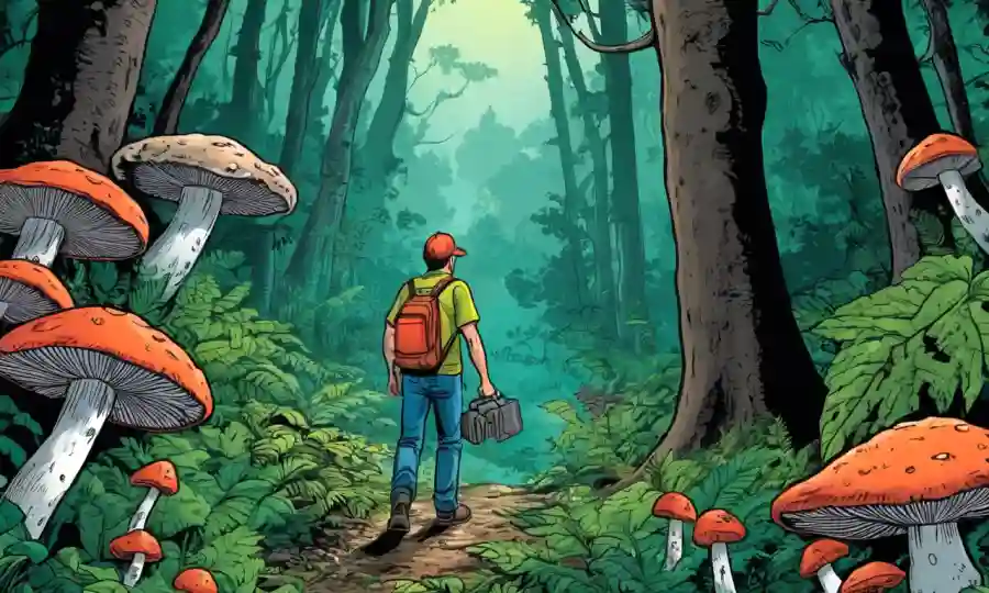 Persona buscando setas comestibles en un bosque exuberante.
