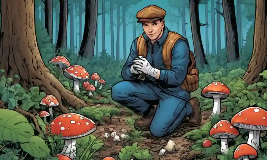 Un forager responsable con guantes y arrodillado en un bosque, rodeado de diversos tipos de hongos.