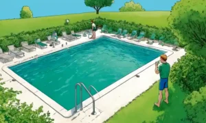 Una persona que inspecciona la calidad del agua y la limpieza en una piscina en medio de un entorno verde y tranquilo.