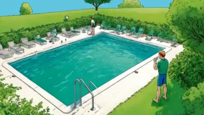 Una persona que inspecciona la calidad del agua y la limpieza en una piscina en medio de un entorno verde y tranquilo.