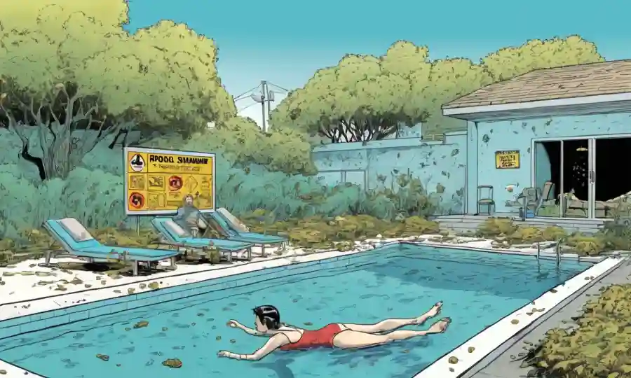 Una persona nadando o saltando por una piscina, con señales de advertencia y símbolos de crecimiento fúngico en el fondo.