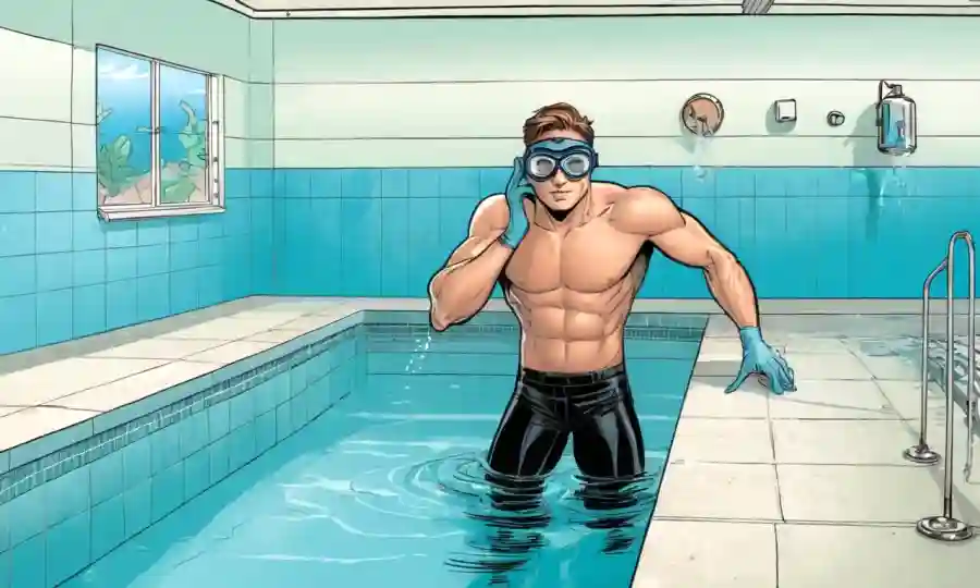 Una persona que lleva gafas inspeccionando una piscina limpia interior.