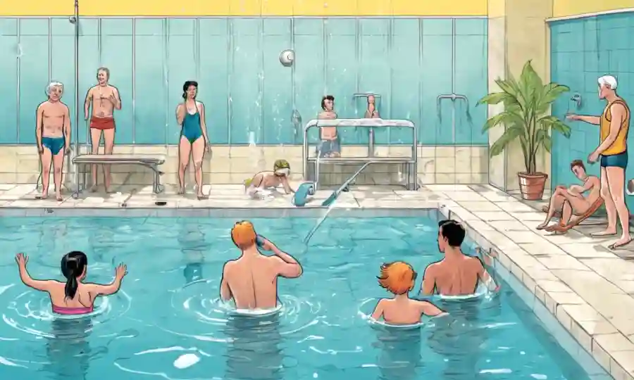 Las personas duchan y nadan con seguridad en una piscina entre ilustraciones de buenas prácticas de higiene.