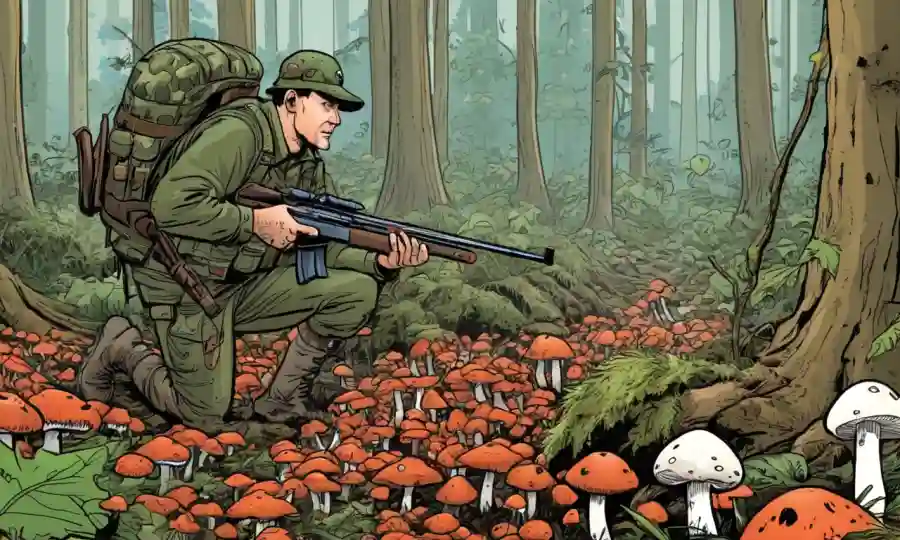 La escena de la planta forestal muestra hongos siendo recogidos con seguridad por un cazador en equipo de camuflaje.