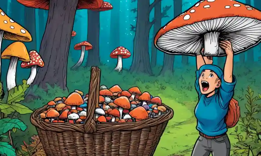 Una persona que lleva guantes sostiene una canasta de setas coloridas en medio del bosque.