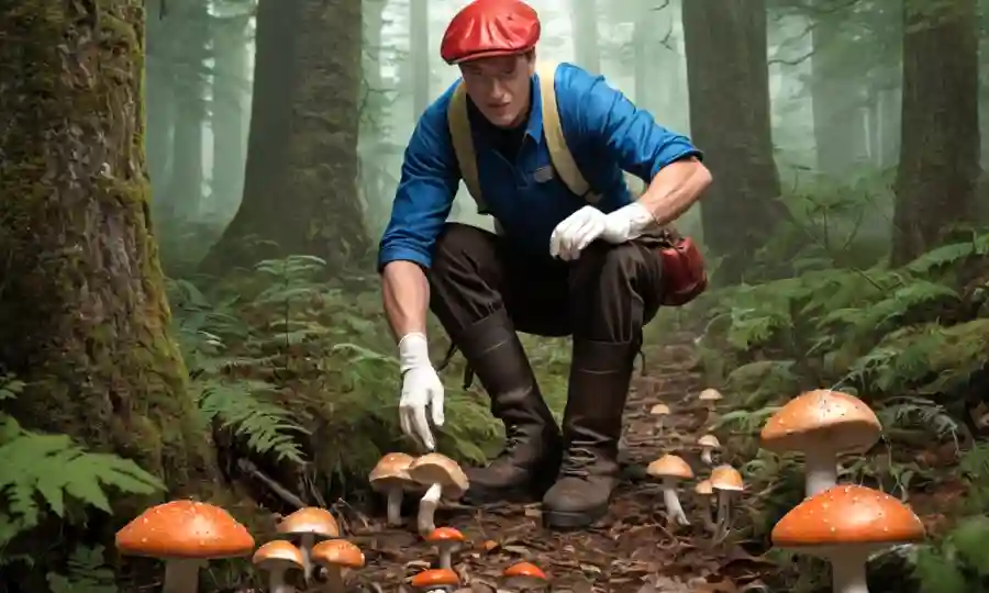 Persona con guantes y botas, coleccionando cuidadosamente hongos en el bosque, con advertencias y pautas escritas alrededor.