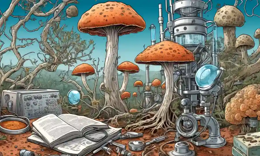 Imagen microscópica de estructuras fúngicas rodeadas de equipos y diagramas científicos.