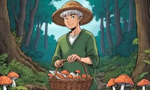 Una persona vestida de la naturaleza atire recolectando setas en un fondo forestal