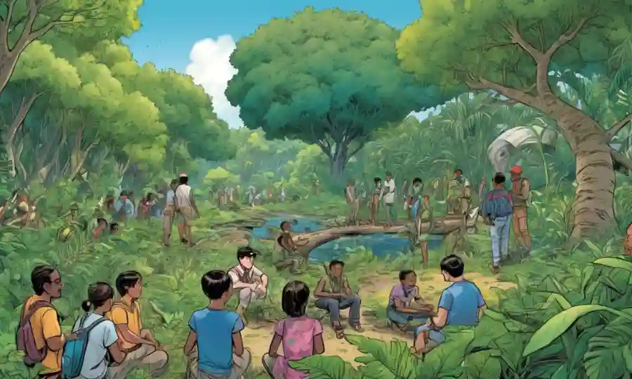Gente de diferentes comunidades aprendiendo juntos al aire libre en medio de vegetación exuberante y especies simbióticas.