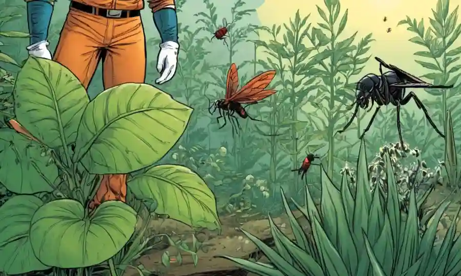 Una persona con guantes y de pie cerca de una planta con insectos o animales cercanos.
