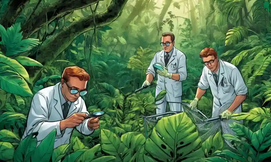Científicos recolectando muestras de plantas con redes y lentes de aumento en medio de exuberante vegetación de la selva.
