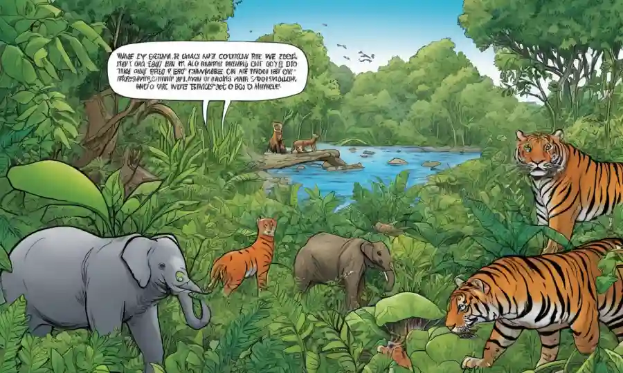 Conviven ilustraciones de diversas especies, con hojas verdes y plantas que rodean el texto de estrategias de conservación.