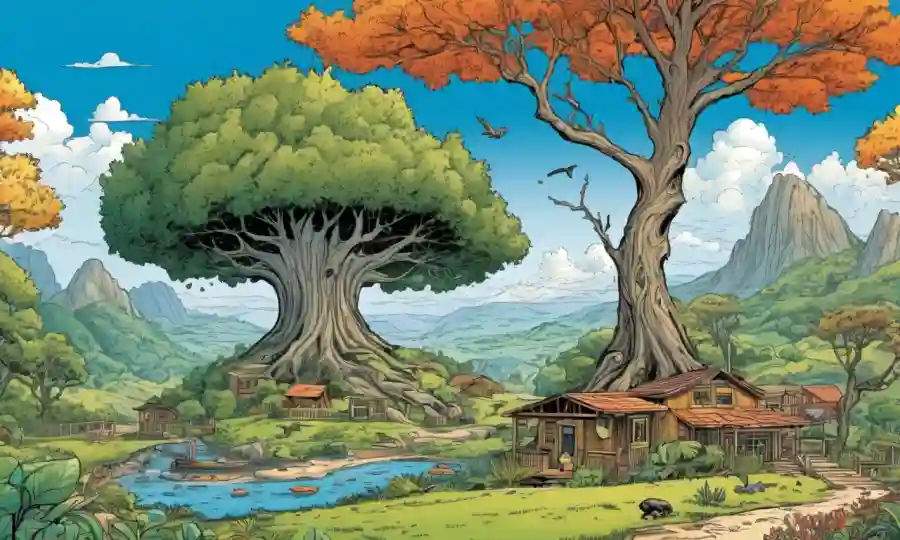 Ilustración de un árbol o un paisaje natural con elementos de estilo de vida sostenible integrados que lo rodean.