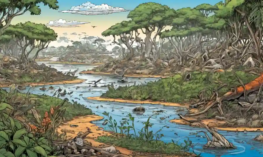 Ecosistema fragil bajo amenaza, descomponiendo esfuerzos de conservación entre los impactos del cambio climático mostrados gráficamente.