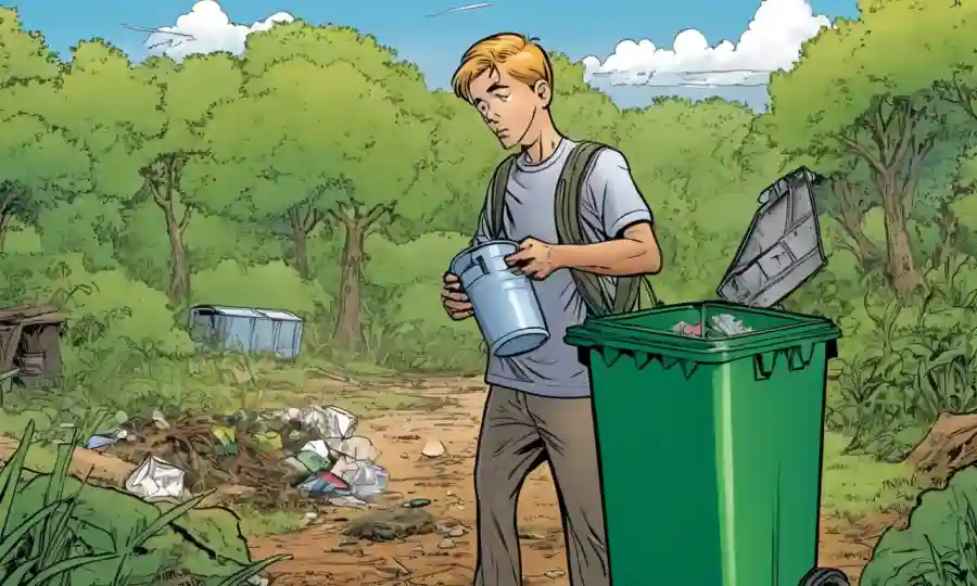 Una persona rodeada de naturaleza conteniendo un contenedor de residuos
