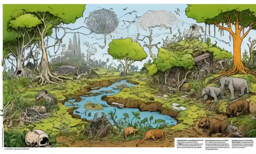 Gráfico que ilustra las conexiones ecológicas entre la conservación y la descomposición en medio de la decadencia ambiental.