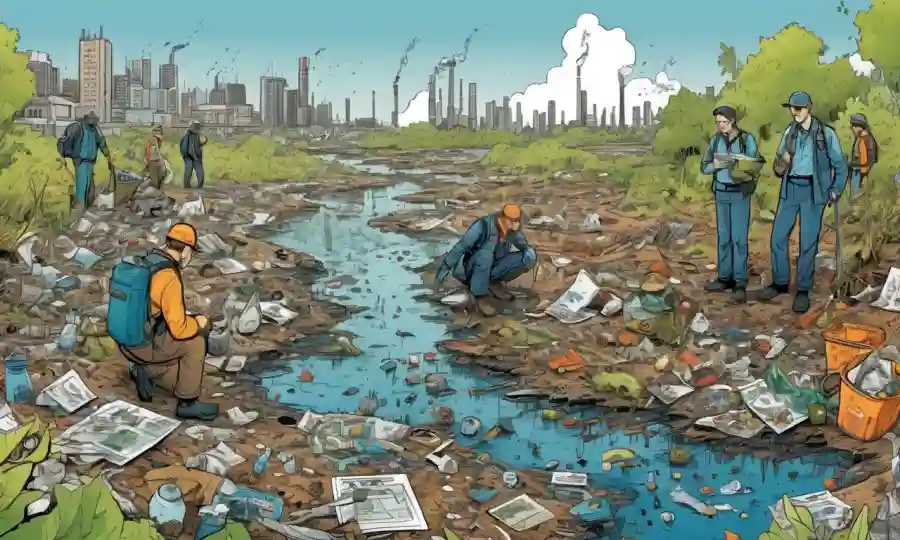 Ecologistas analizando datos de descomposición cerca del entorno contaminado con basura circundante.