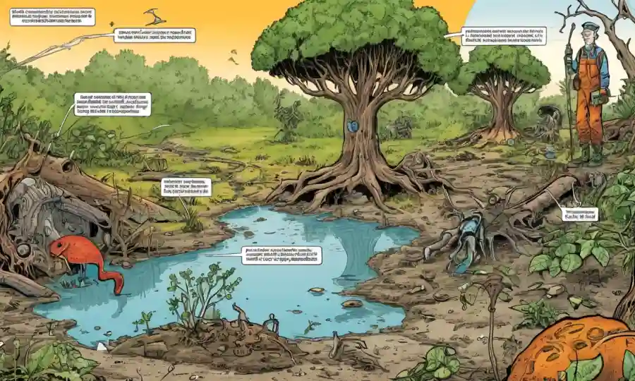 Diagrama científico que ilustra la conexión entre descomposición de conservación y deterioro ambiental.