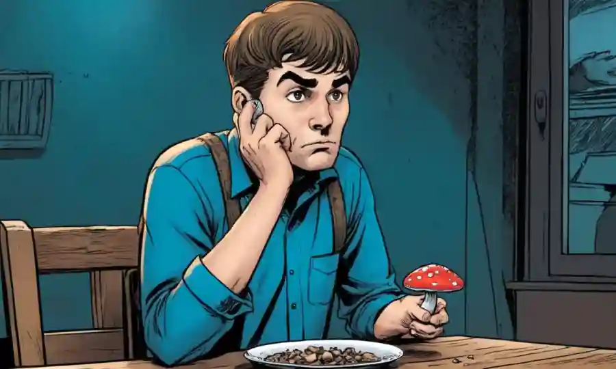 Persona sentada en una mesa, sosteniendo un hongo y mirando preocupado.