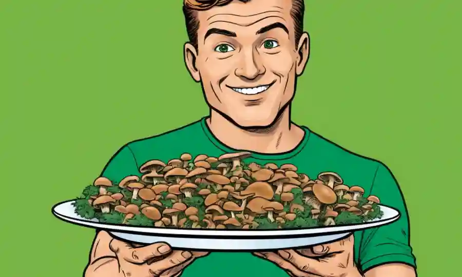 Una persona que sostiene un plato de hongos saltados con un fondo verde que simboliza la alimentación saludable.