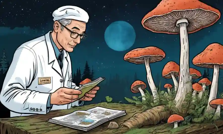 Un experto en hongos que examina micelio hongo saludable con hechos nutricionales emergentes.