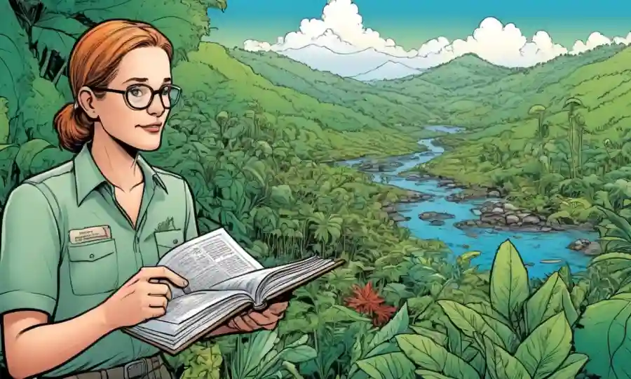 Persona consultando un libro sobre conservación de plantas en medio de un contexto de especies raras y datos ecológicos.