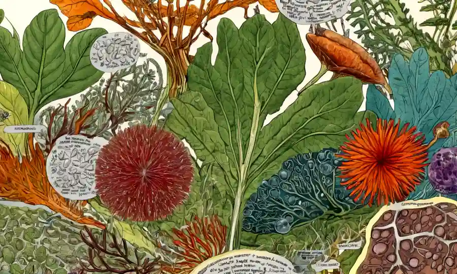 Ilustraciones microscópicas de organismos internos vegetales, con notas de conservación alrededor.