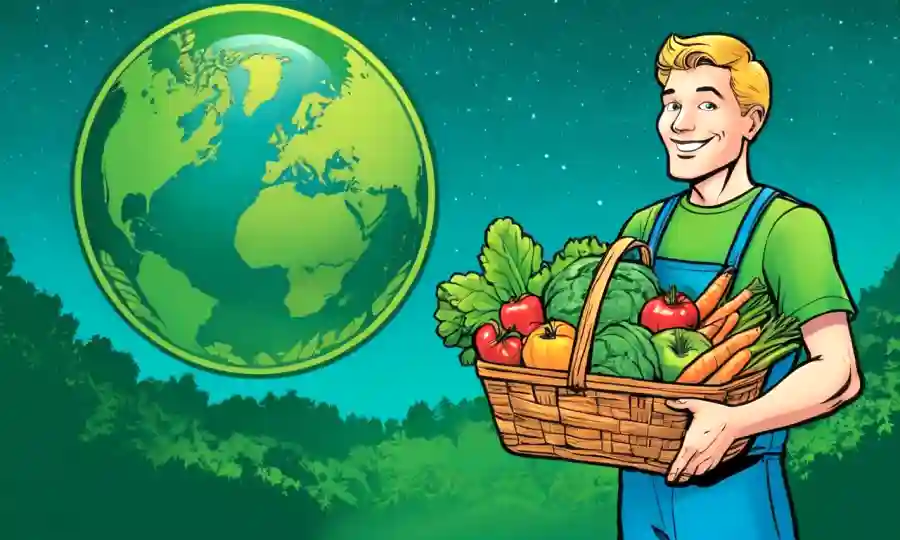 Consumidor que sostiene una cesta de alimentos sostenible con un fondo de planeta verde, destacando el compromiso con la seguridad alimentaria.