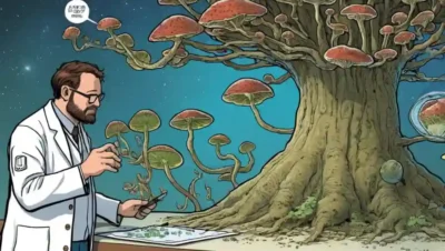 Un científico analizando muestras fúngicas y diagramas de árboles evolutivos.