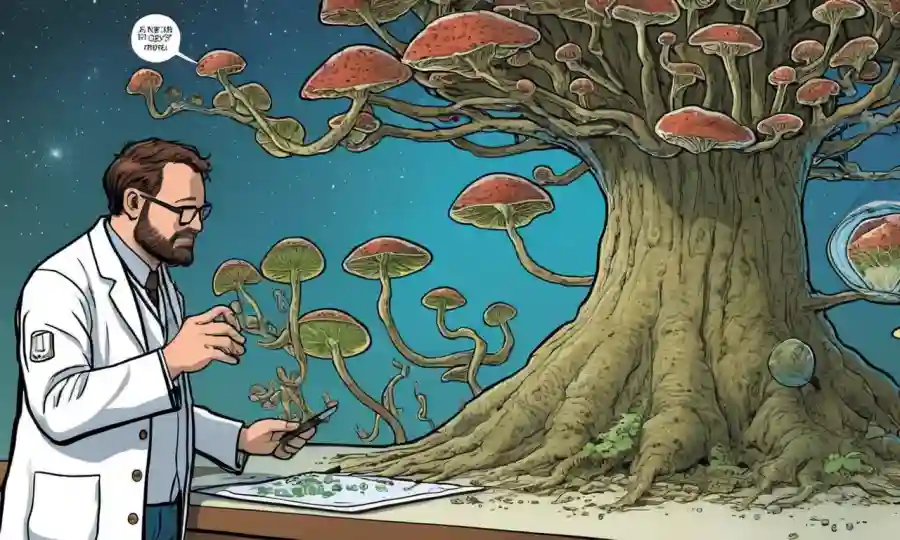 Un científico analizando muestras fúngicas y diagramas de árboles evolutivos.