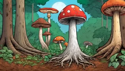 Un diagrama de crecimiento de hongos y un árbol filogenético superpuesto en un bosque o fondo del suelo.