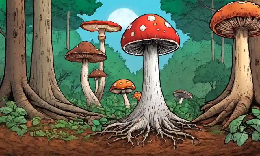 Un diagrama de crecimiento de hongos y un árbol filogenético superpuesto en un bosque o fondo del suelo.
