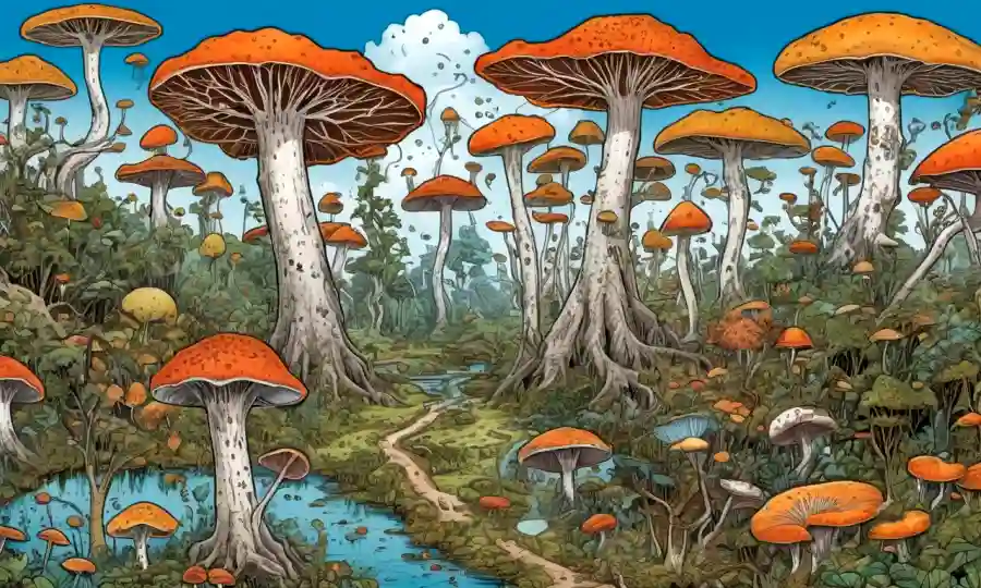 Ilustración científica de árboles y redes evolutivas de hongos.