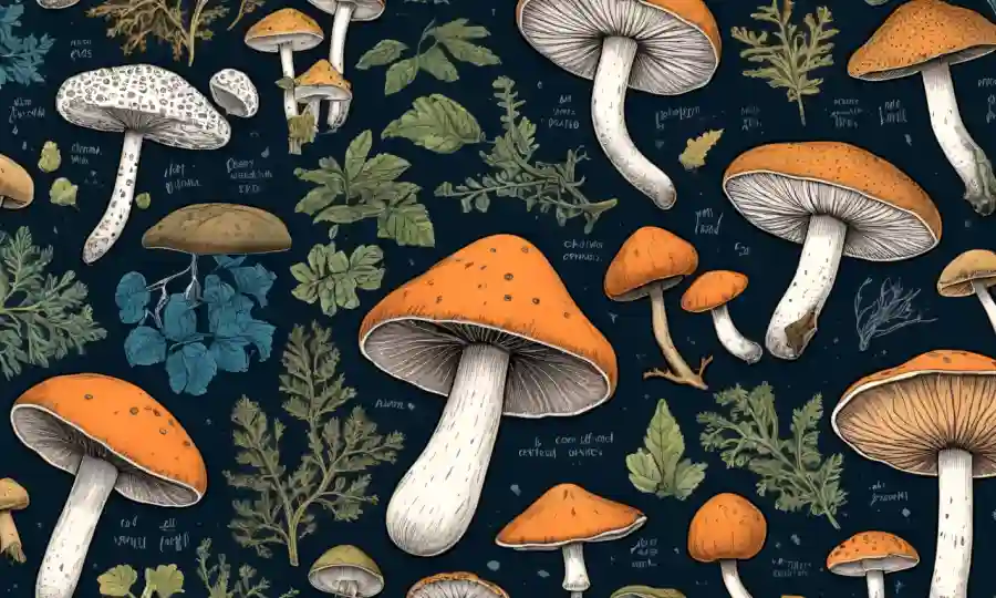 Ilustraciones de hongos rodeados de diagramas y diagramas científicos.