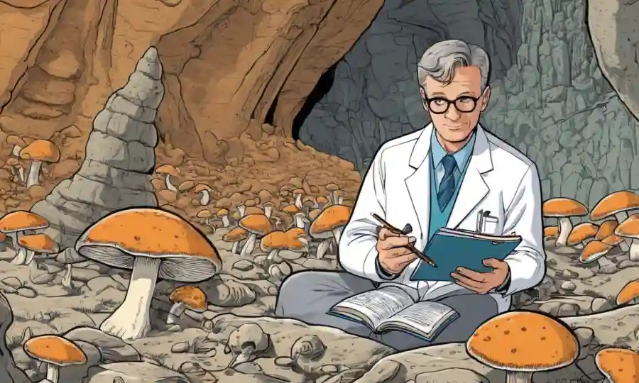 Científico estudiando fósil hongos en medio de formaciones geológicas.