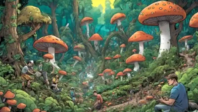 Gente rodeada de frondosos árboles
