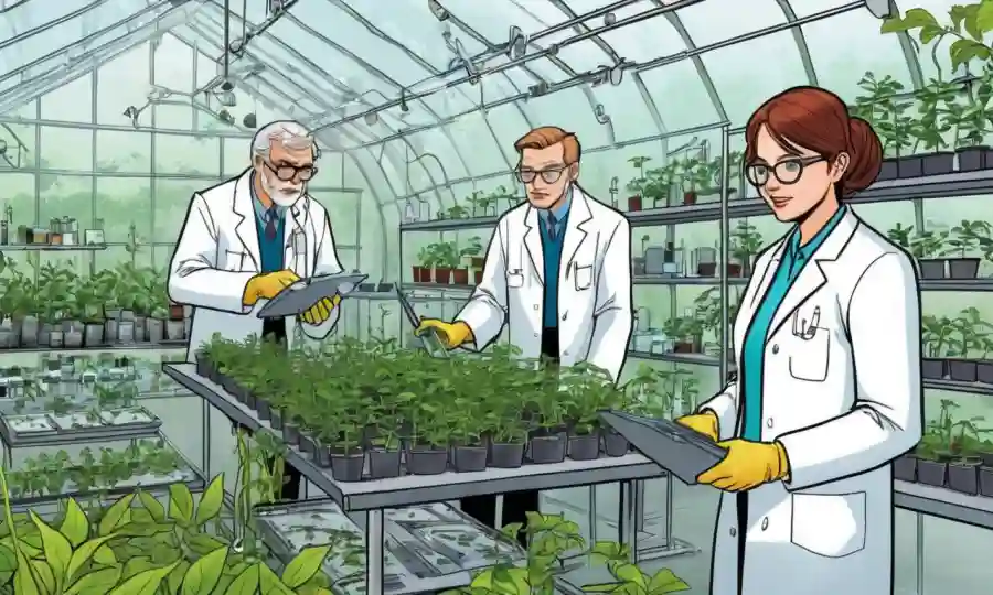 Científicos que examinan muestras de plantas y equipos de laboratorio en un entorno de invernadero.