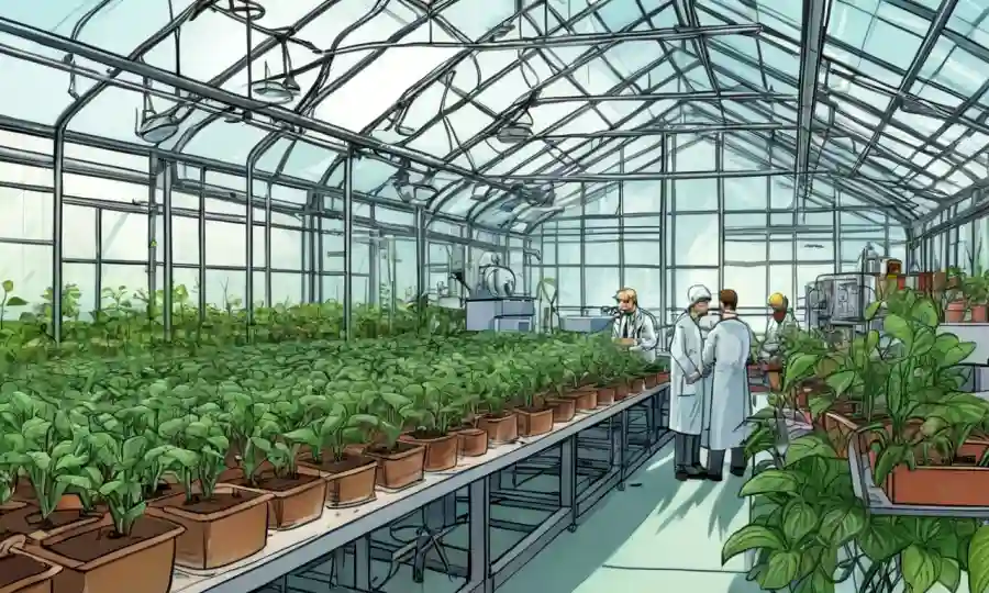 Una instalación de invernadero con científicos monitoreando el crecimiento de plantas en medio del análisis de datos.