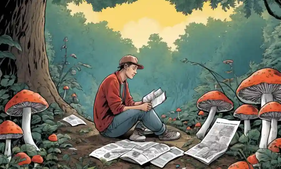 Una persona sentada en la naturaleza, rodeada de hongos y notas de psilocybin.