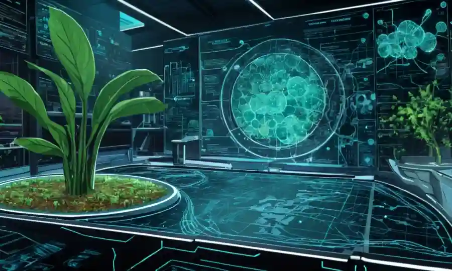 Microorganismos y células vegetales rodeadas de gráficos de datos en un entorno de laboratorio futurista.