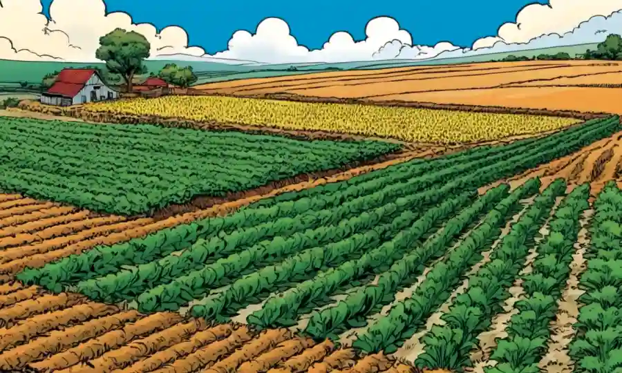Paisaje agrícola con cultivos en latas pisadas.