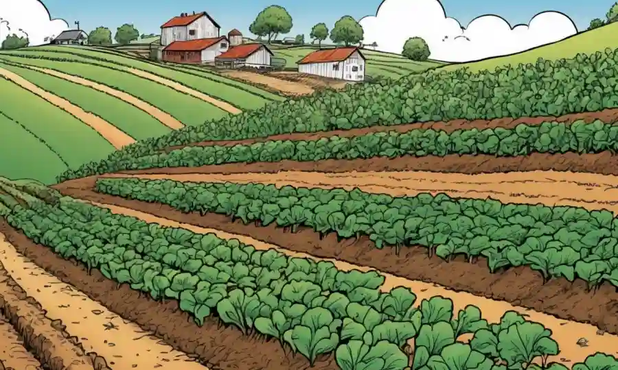 Filas de cultivos que crecen en una granja de laderas