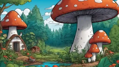 Ecosistema sostenible de cosecha de hongos con vegetación y fauna diversa.