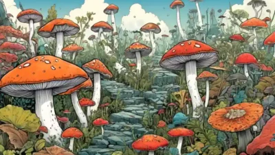 Diseños basados en hongos creativos exhibidos en un entorno de estudio de arte moderno.