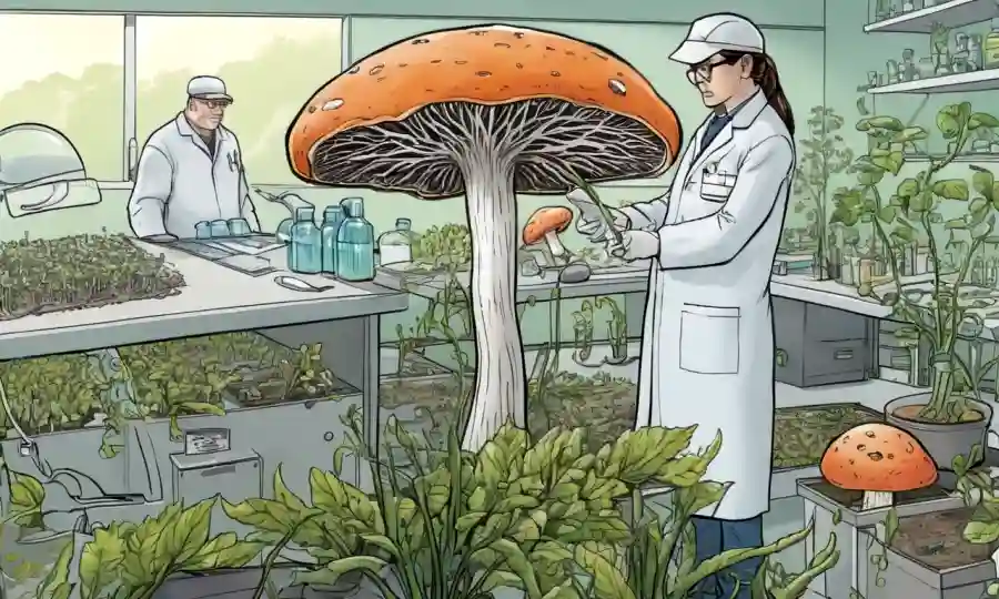 Fungi creciendo en simbiosis con plantas en entornos de laboratorio, acompañado por notas de investigadores.